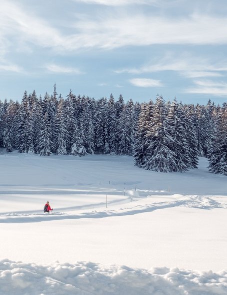 Verschneiter Winterwanderweg im Muggenmoos in Leutasch