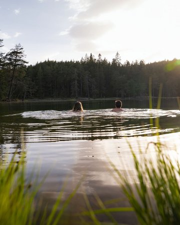 Möserer See im Frühling Paar im Wasser bei Sonnenuntergang