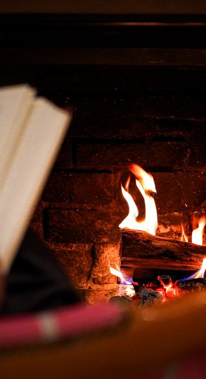 Gemütlicher Winternachmittag mit Buch und Glas Wein vor dem offenen Kamin